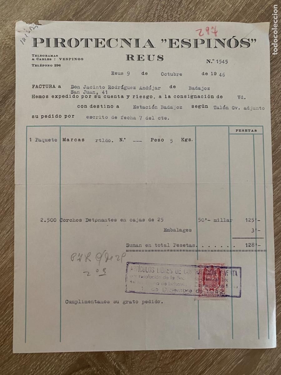 Facturas antiguas: ANTIGUA FACTURA PIROTECNIA ESPINOS REUS 1946