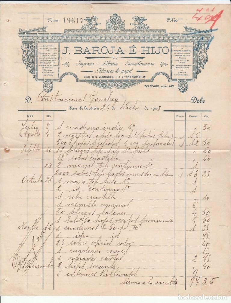 Facturas antiguas: Factura o albar&aacute;n comercial J. Baroja e hijos Imprenta, librer&iacute;a ... San Sebasti&aacute;n 1903