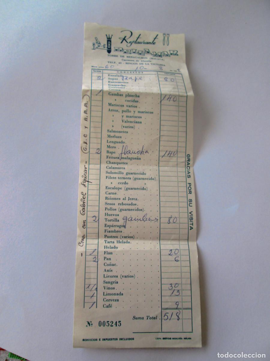 Facturas antiguas: FACTURA RESTAURANTE BELLAMAR - RINCON DE LA VICTORIA - MALAGA - 1972