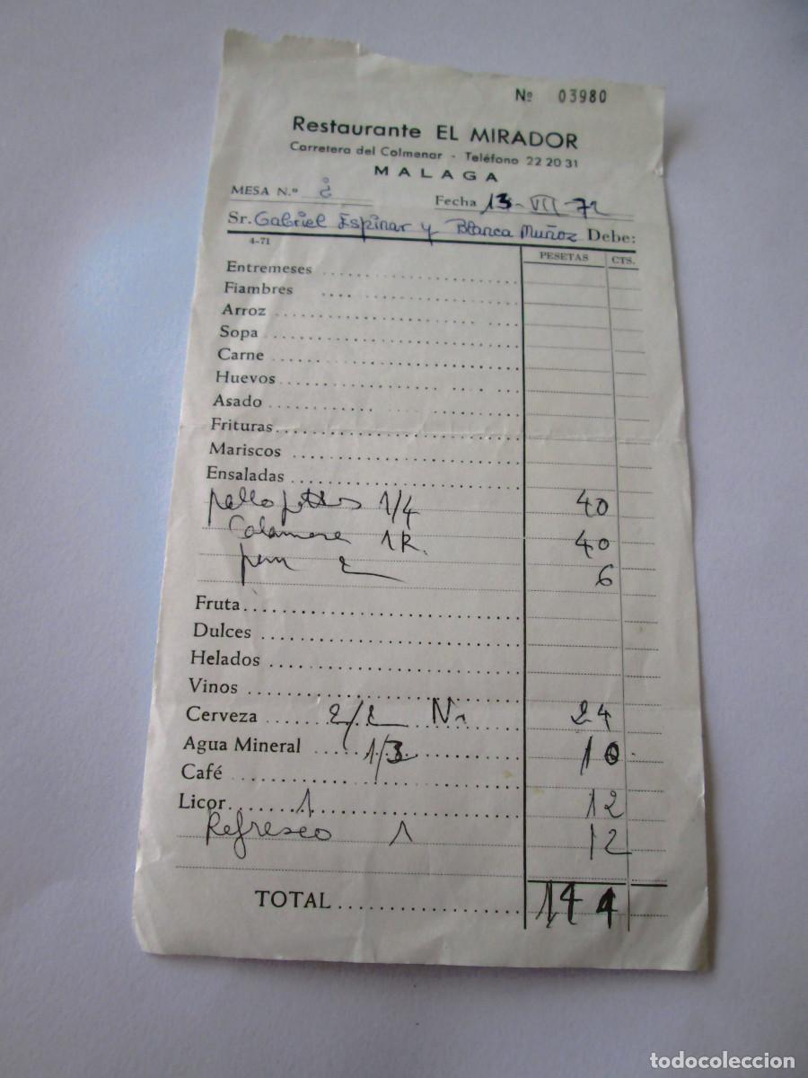 Facturas antiguas: FACTURA RESTAURANTE EL MIRADOR - MALAGA - 1972