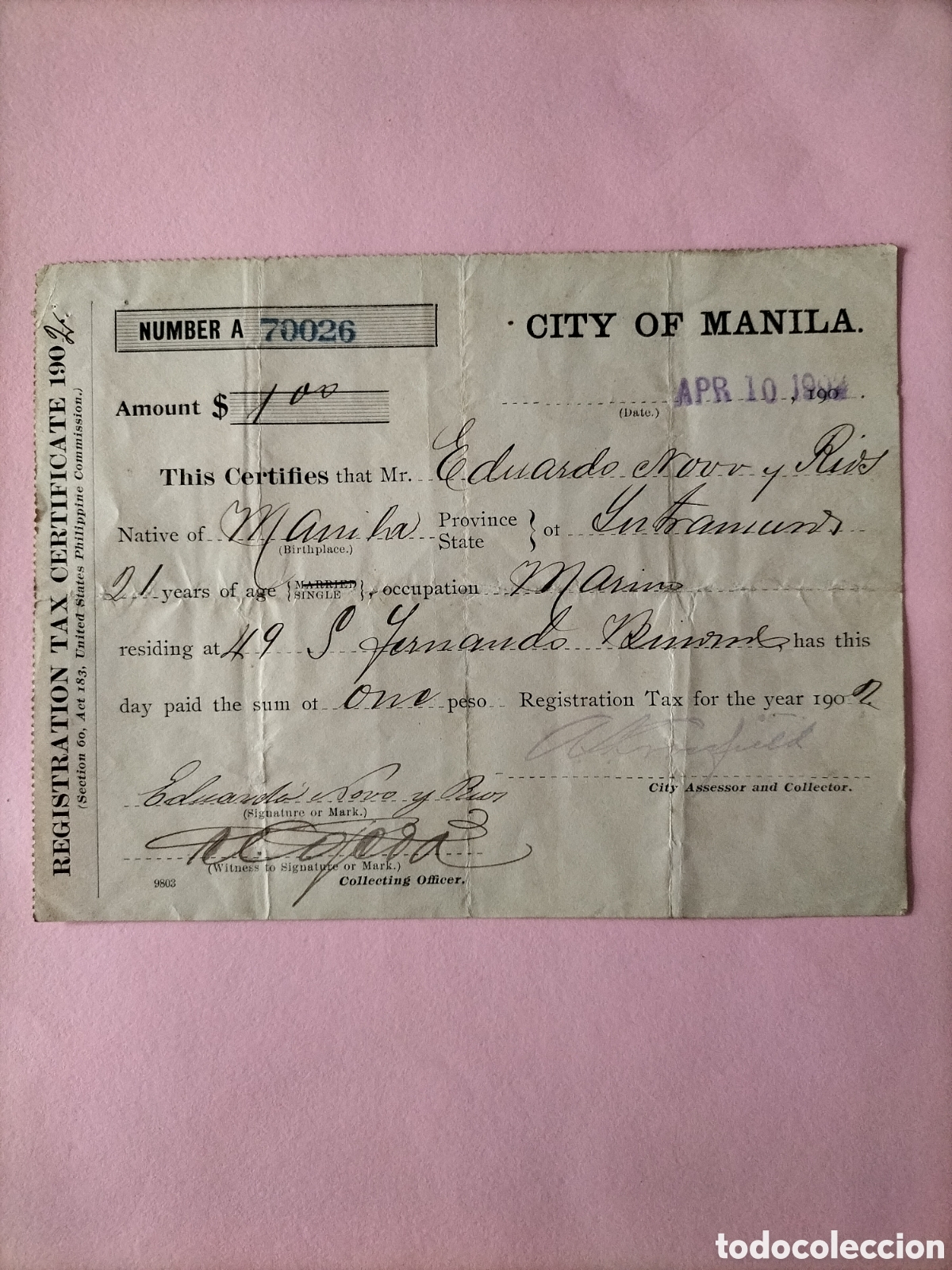 Facturas antiguas: Manila.Tasa o Impuesto de 1902.
