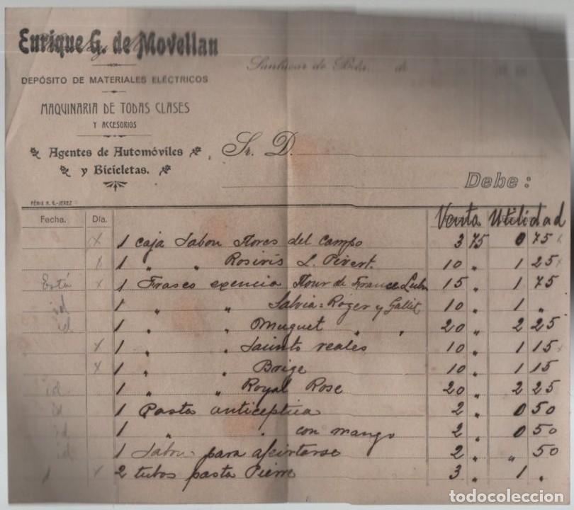 Facturas antiguas: ENRIQUE G. MOVELLAN SANLUCAR DE BARRAMEDA. DEPOSITO MATERIALES ELECTRICOS 1920 FACTURA-449