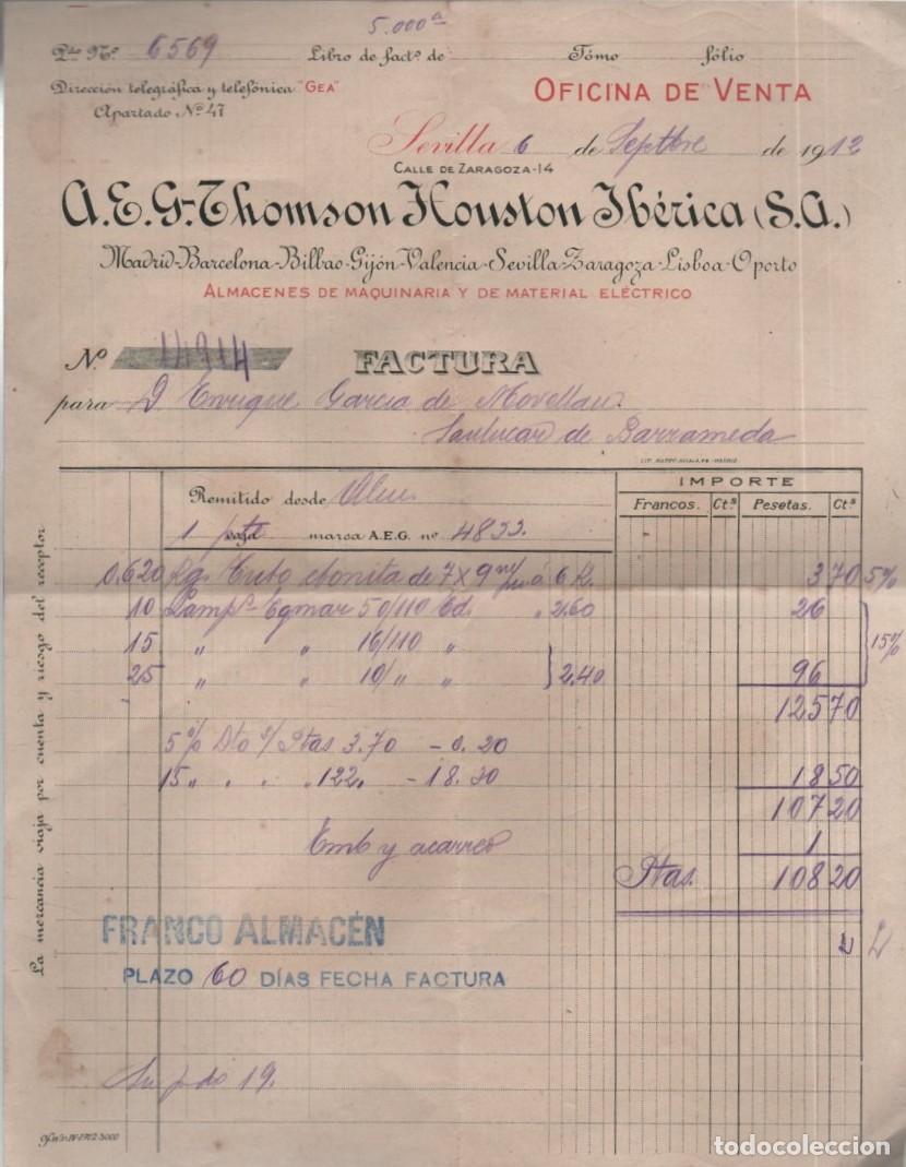 Facturas antiguas: THOMSON HOUSTON IBERICA S.A. SEVILLA 1912 FACTURA-450