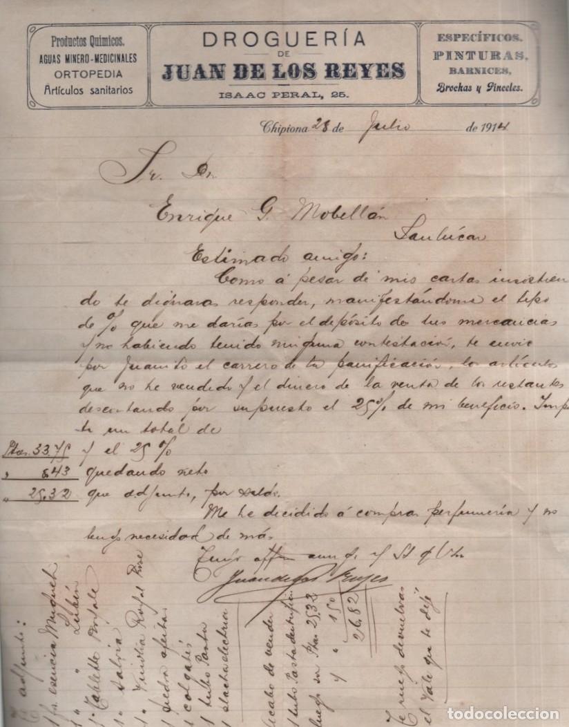 Facturas antiguas: DROGUERIA DE JUAN DE LOS REYES CHIPIONA 1914 FACTURAS-451