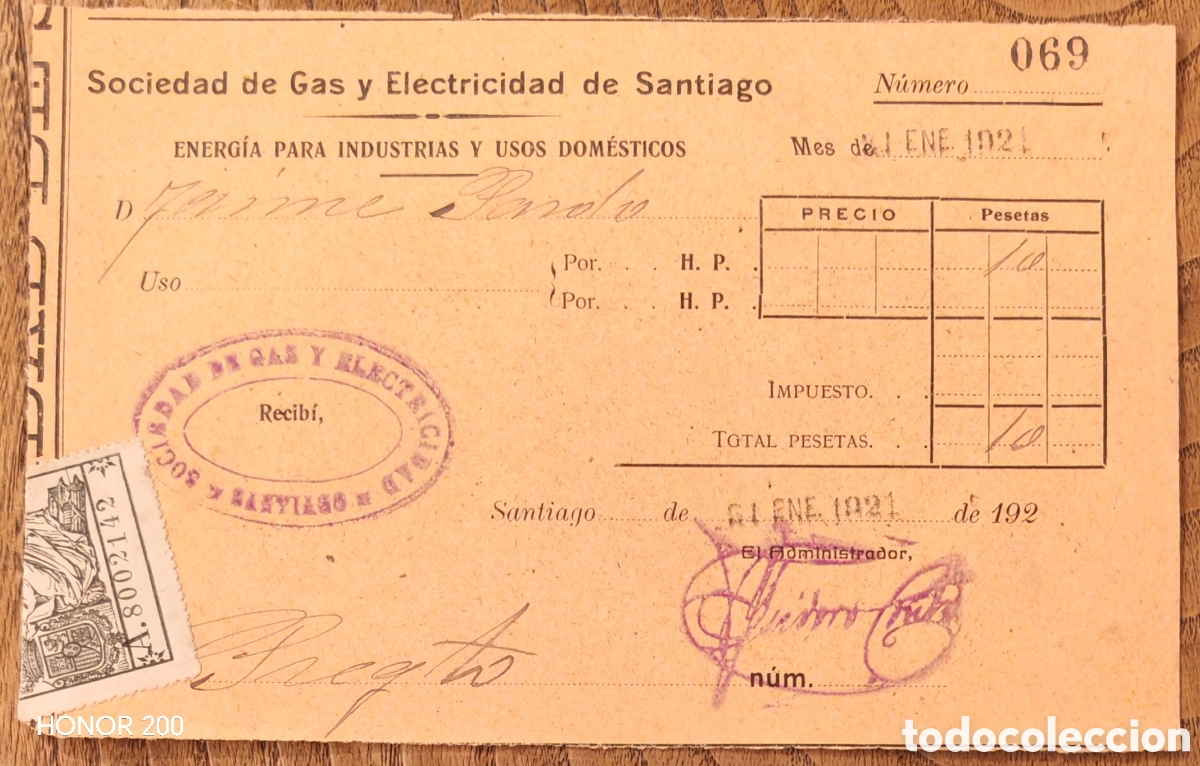 Facturas antiguas: Recibo - Sociedad de Gas y Electricidad de Santiago - Compostela Enero 1921