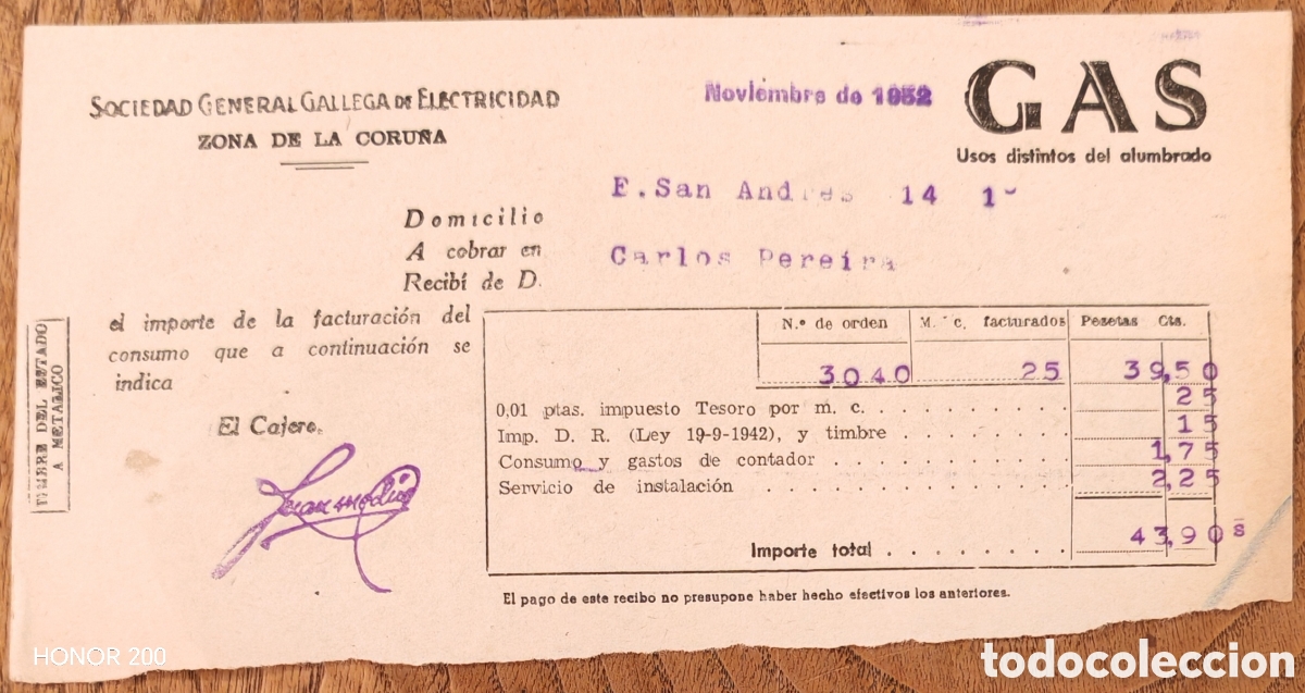 Facturas antiguas: Factura - Sociedad General Gallega de Electricidad - Zona Coru&ntilde;a. 1952