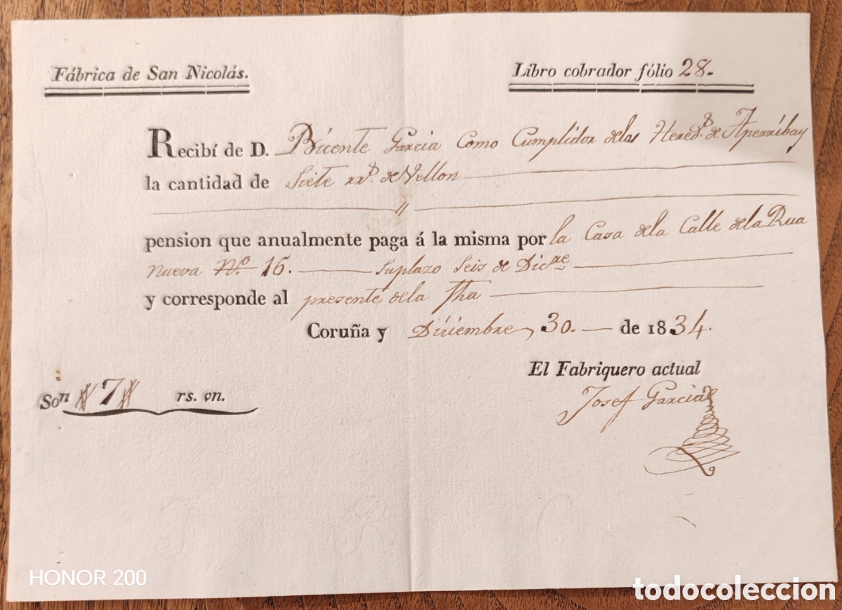 Facturas antiguas: Recibo del Pago de Pensi&oacute;n por la Heredad de Aperribay a la Parroquia de San Nicol&aacute;s. Coru&ntilde;a 1834