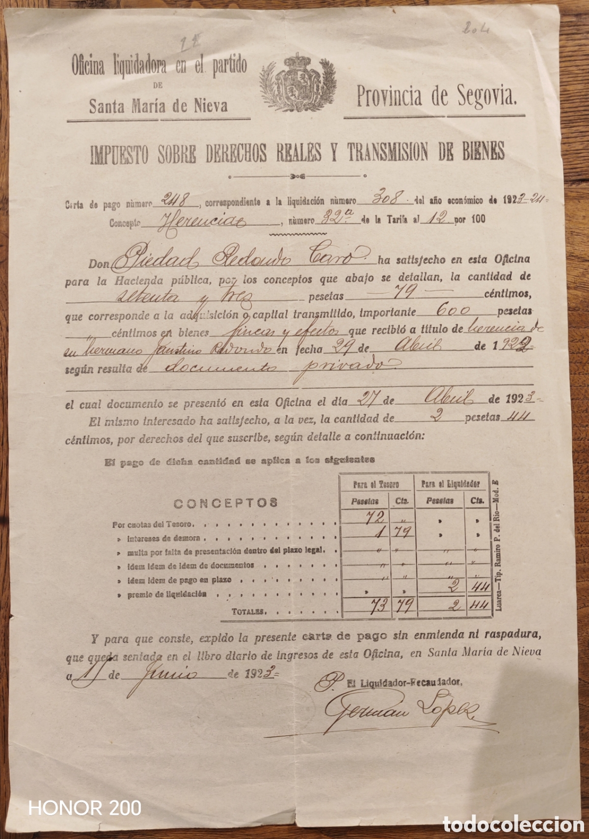 Facturas antiguas: Recibo - Pago de Impuesto Derechos Reales y Transmisi&oacute;n de Bienes - Sta Mar&iacute;a de Nieva. Segovia 1923