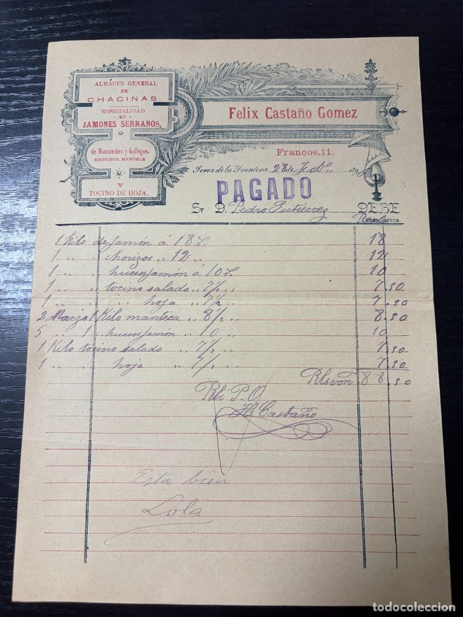 Facturas antiguas: FACTURA. ALMAC&Eacute;N DE CHACINAS. FELIX CASTA&Ntilde;A GOMEZ. JEREZ, 1896
