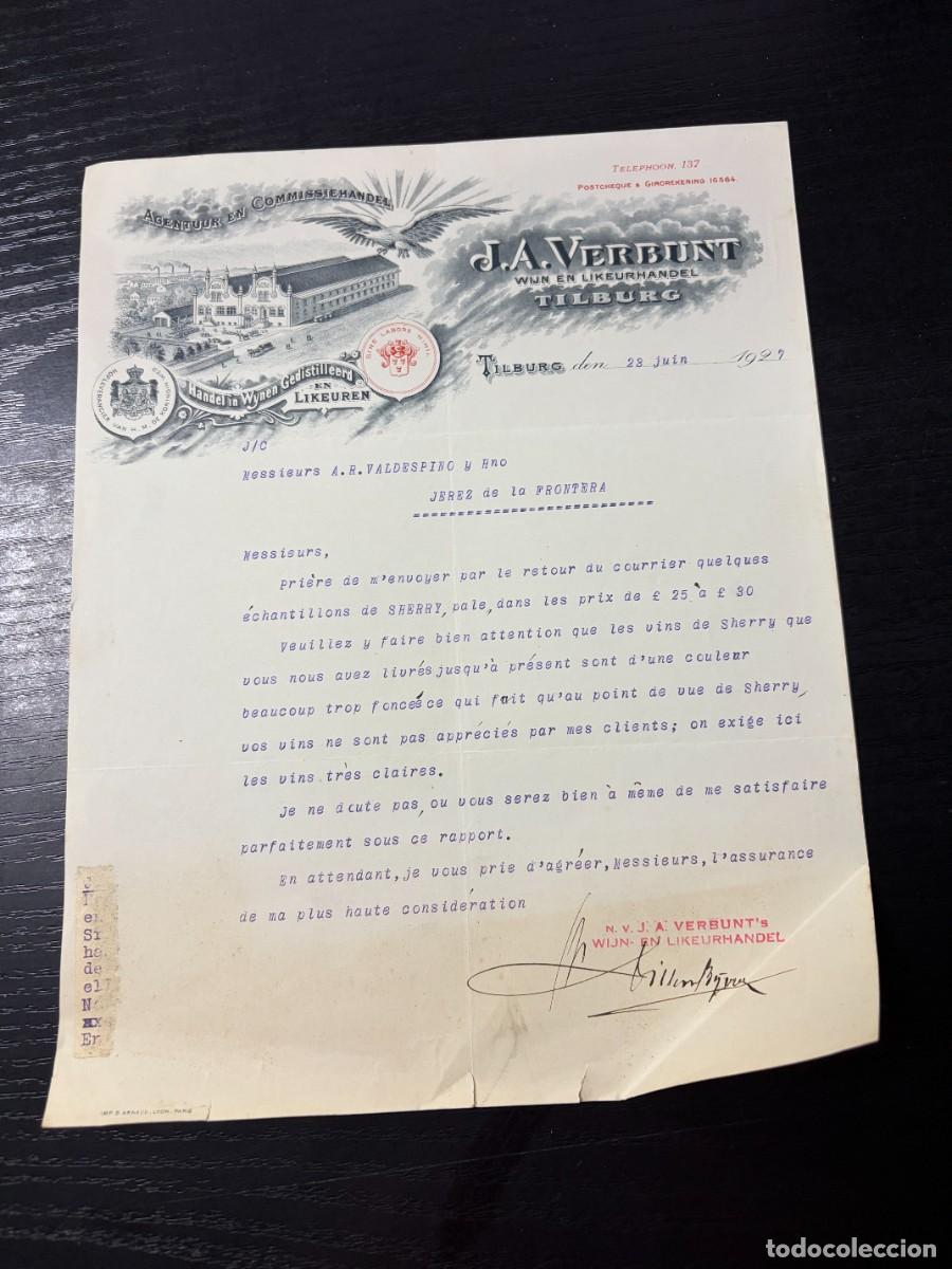 Facturas antiguas: CARTA COMERCIAL. J.A. VERBUNT. WIJN EN LIKEURHANDEL. COMERCIO DE VINOS Y LICORES. TILBURG, 1927