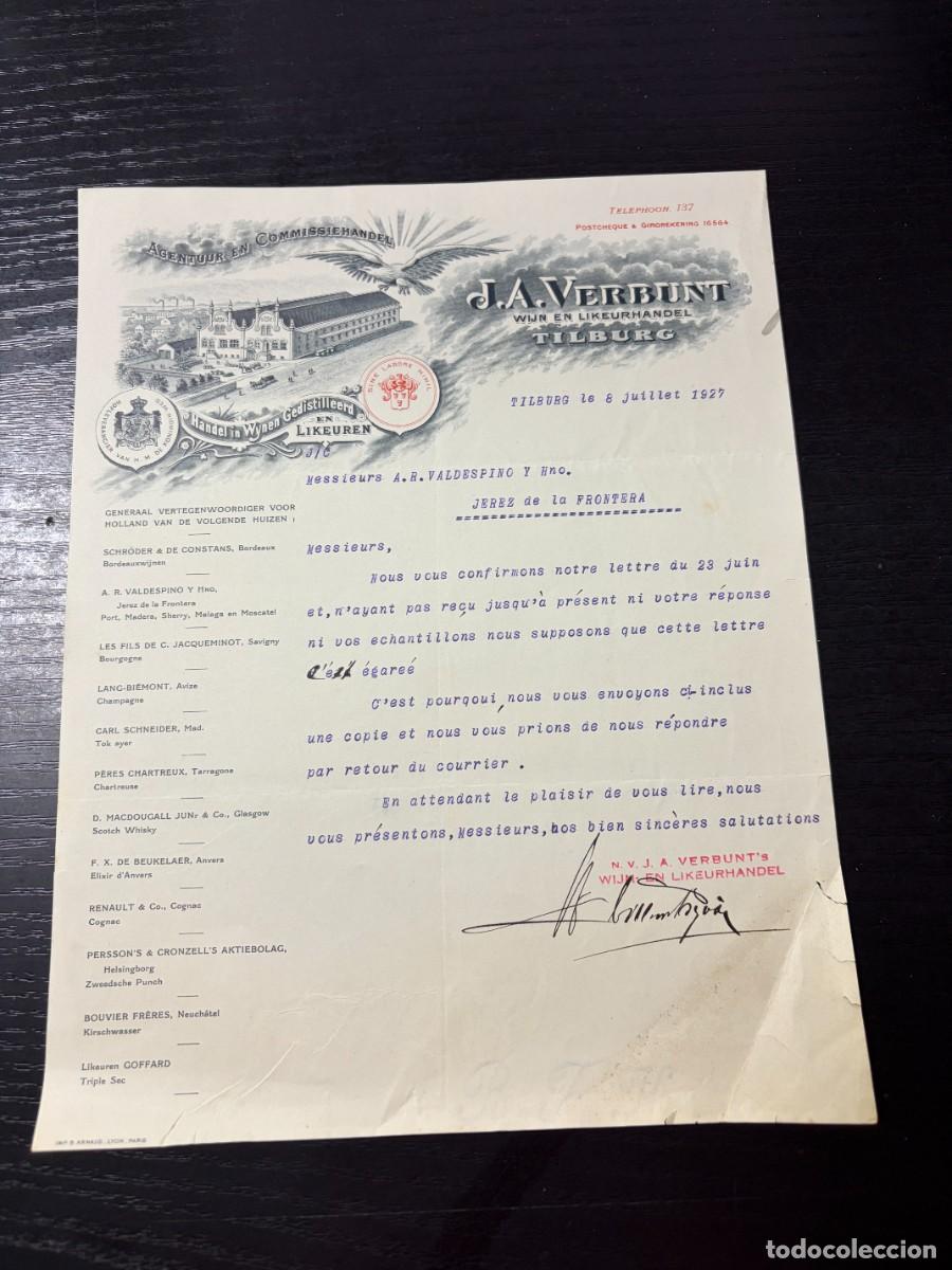 Facturas antiguas: CARTA COMERCIAL. J.A. VERBUNT. WIJN EN LIKEURHANDEL. COMERCIO DE VINOS Y LICORES. TILBURG, 1927
