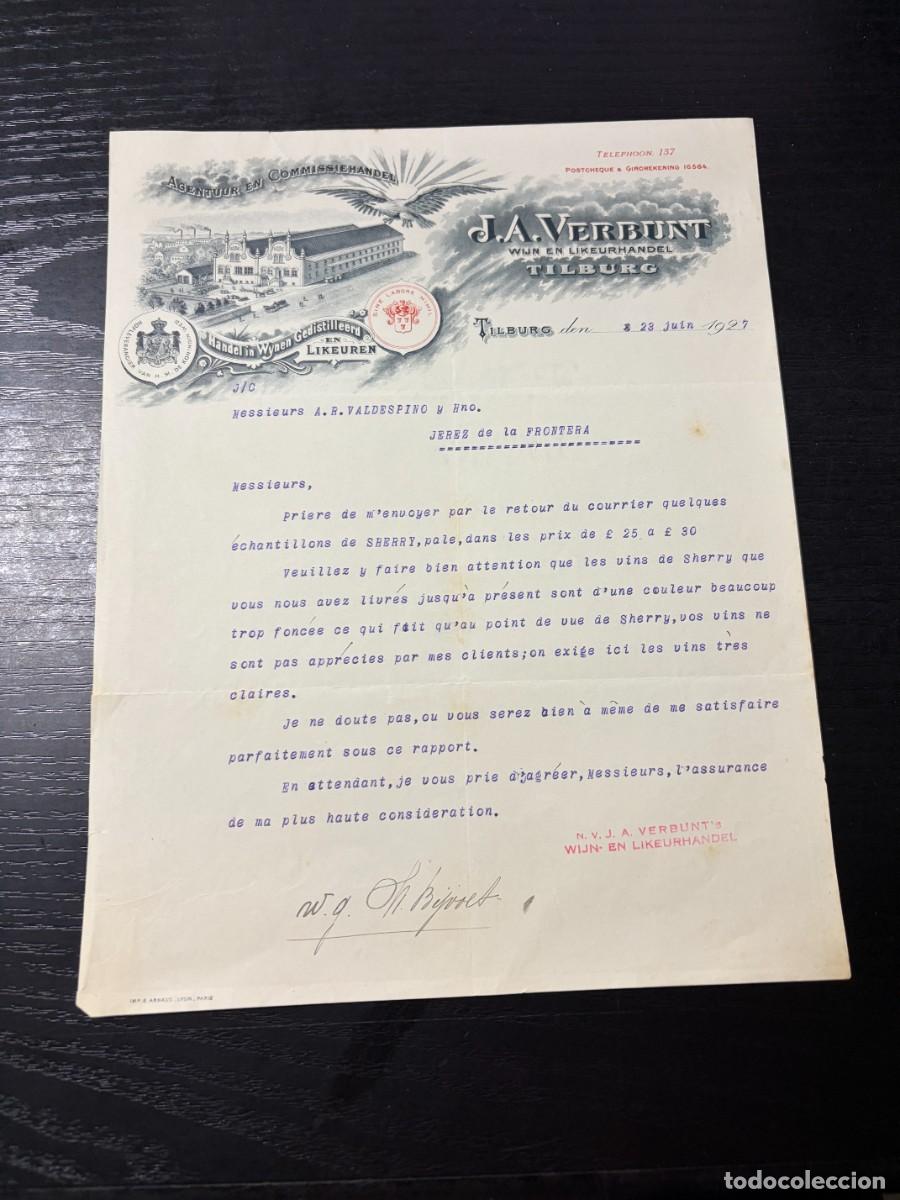 Facturas antiguas: CARTA COMERCIAL. J.A. VERBUNT. WIJN EN LIKEURHANDEL. COMERCIO DE VINOS Y LICORES. TILBURG, 1927