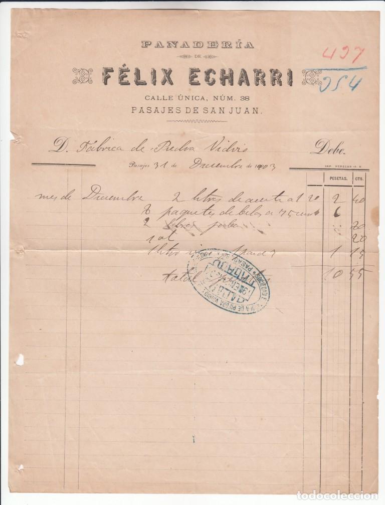Facturas antiguas: Factura o recibo 1903 - Panader&iacute;a de FELIX ECHARRI - Pasajes de San Juan Cliente f&aacute;brica de Vidrio