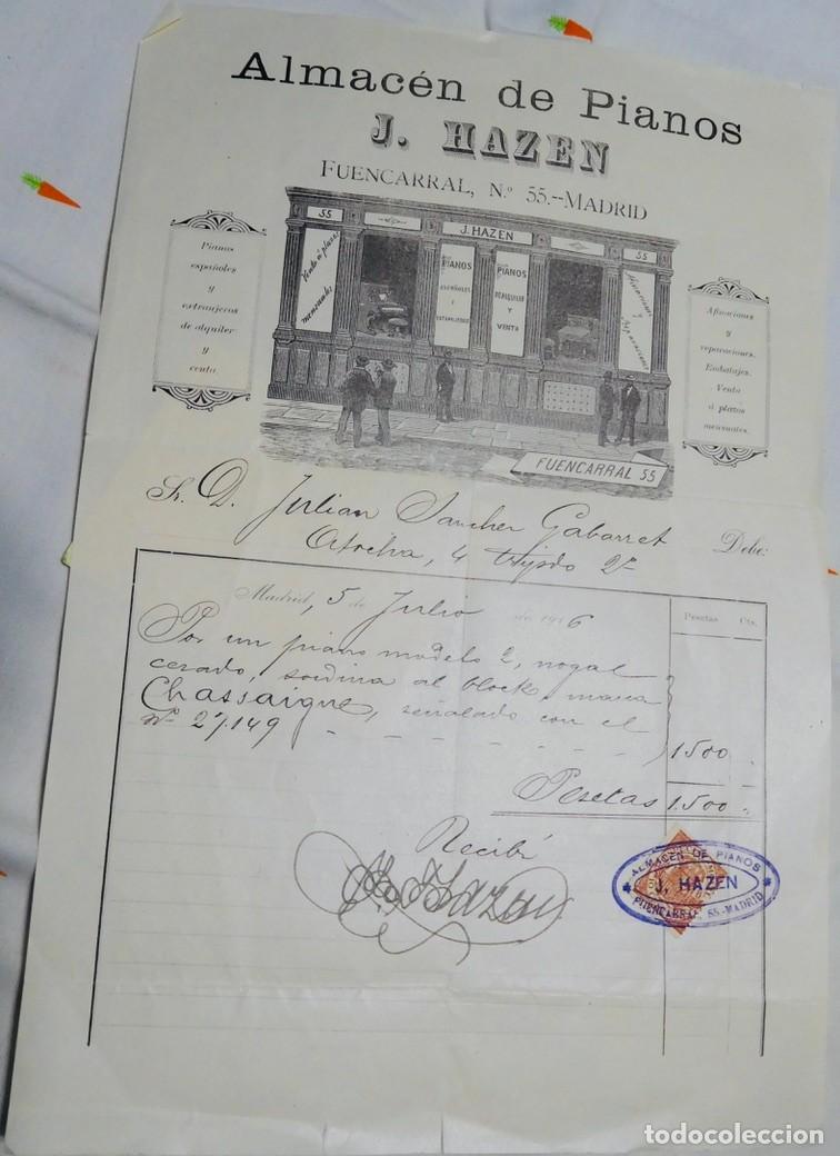 Facturas antiguas: factura o recibo original de compra de un piano, emitida por el hist&oacute;rico Almac&eacute;n de Pianos J. Hazen