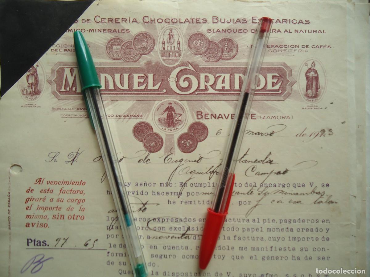 Facturas antiguas: benavente zamora leon manuel grande 1923 chocolate cafe cera cereria confiteria pasteleria dulce