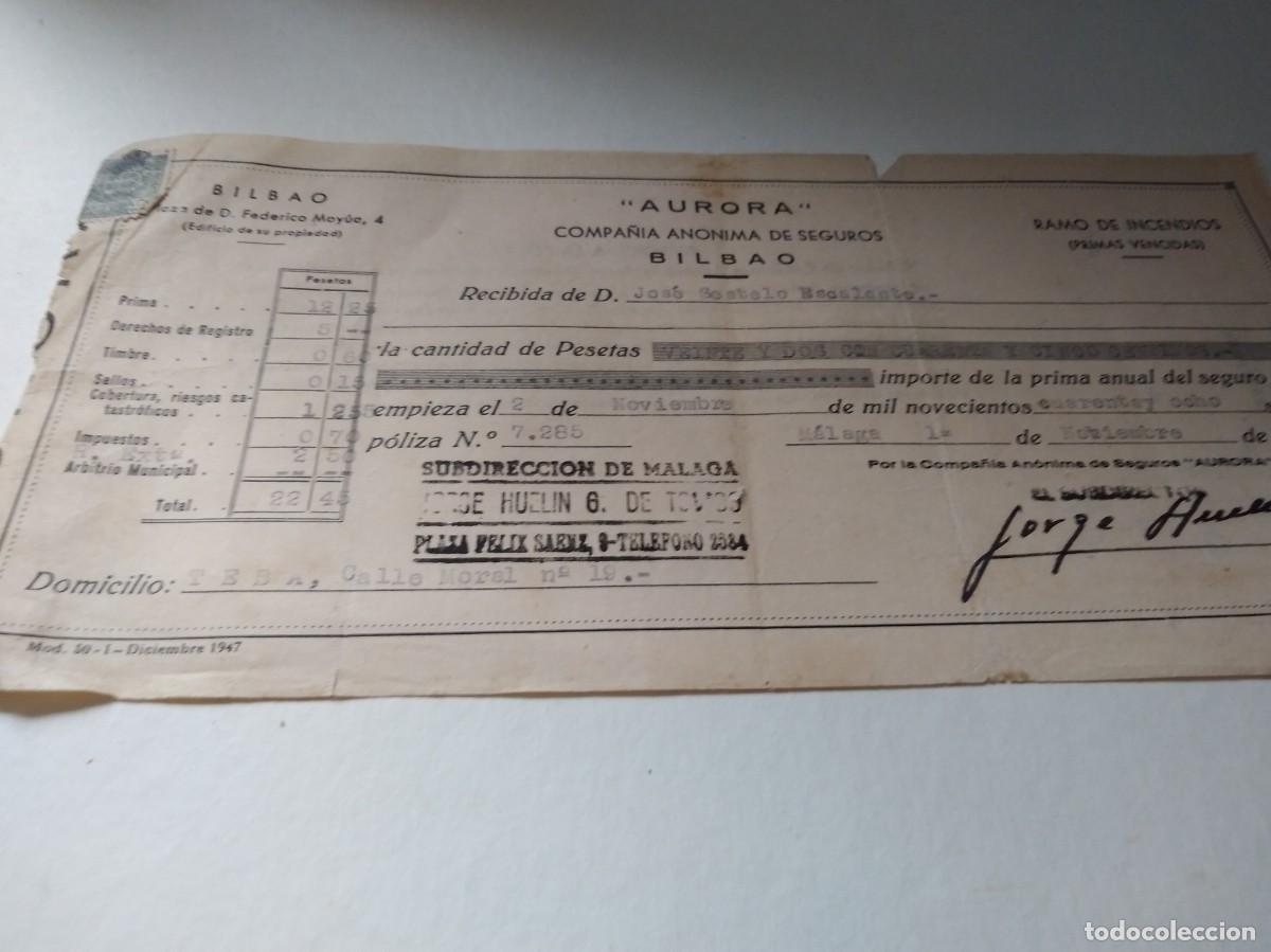 Facturas antiguas: FACTURA AURORA COMPA&Ntilde;IA DE SEGUROS BILBAO 1948