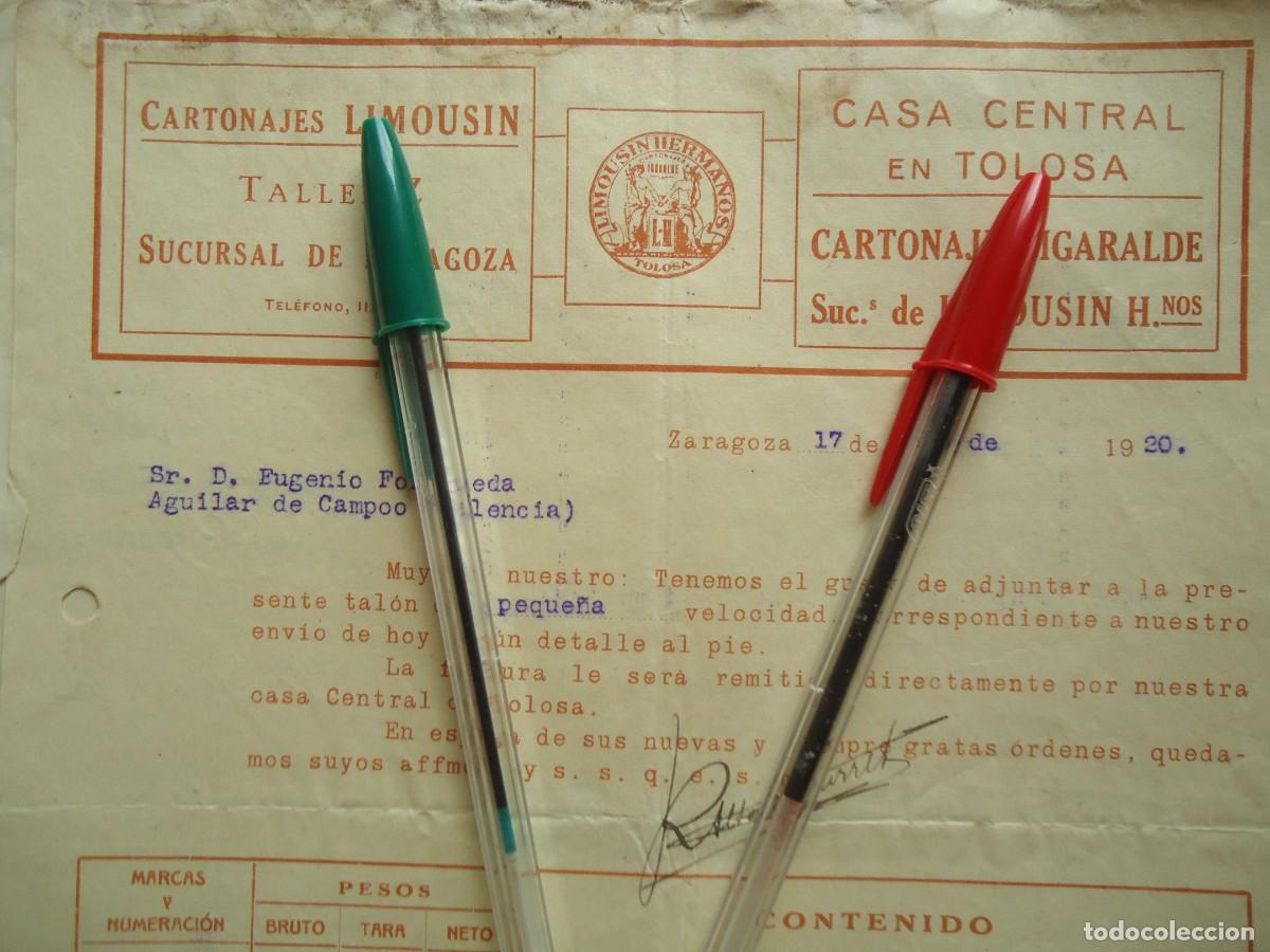 Facturas antiguas: cartonajes igaralde limousin tolosa guipuzcoa 1920 zaragoza papel artes graficas imprenta