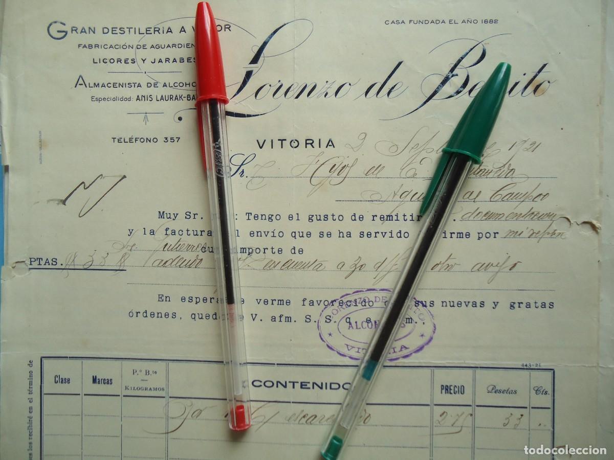 Facturas antiguas: destileria licor lorenzo benito vitoria 1921 jarabe alcohol aguardiente anis laurak bat vitoriano