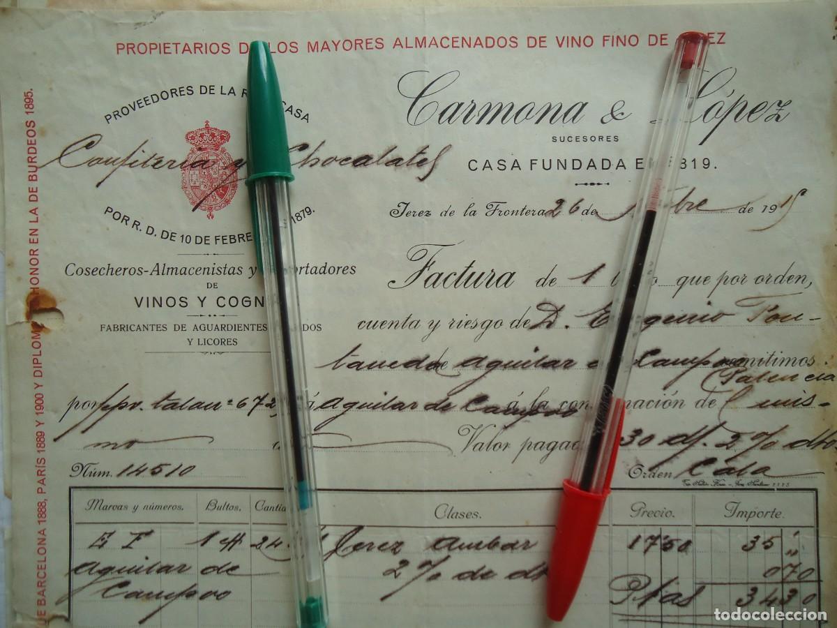 Facturas antiguas: carmona lopez vino jerez frontera cadiz 1919 andaluz licor co&ntilde;ac ponche andalucia gaditano