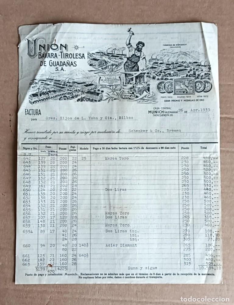 Facturas antiguas: Factura UNI&Oacute;N BAVARA TIROLESA DE GUADA&Ntilde;AS 1939