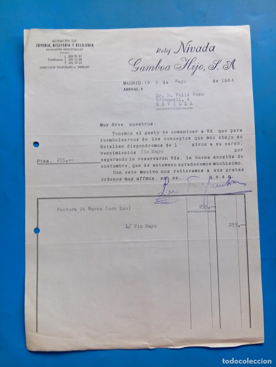 Facturas antiguas: FACTURA. MADRID. 1964. ALMAC&Eacute;N DE JOYER&Iacute;A, BISUTER&Iacute;A Y RELOJER&Iacute;A. GAMBOA HIJO, S.A. RELOJ NIVADA.