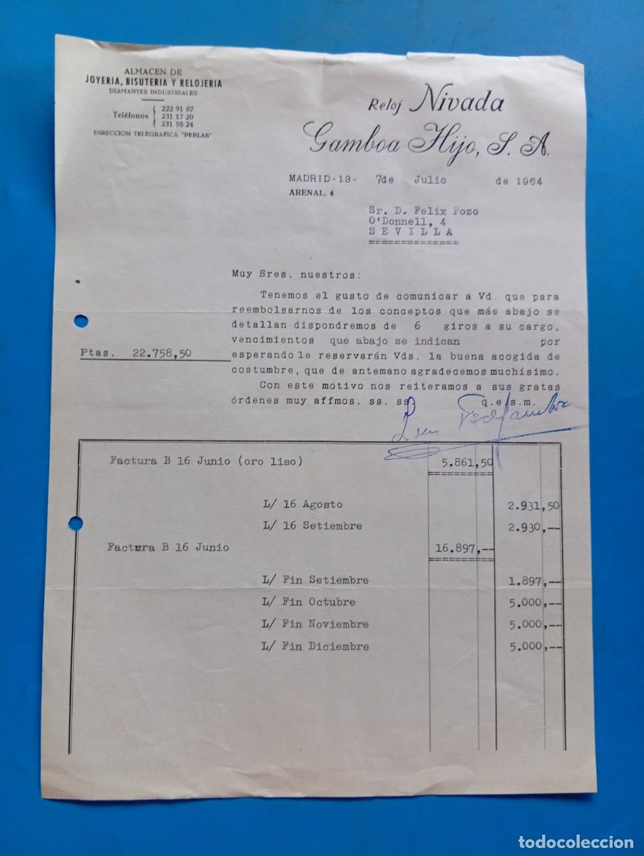 Facturas antiguas: FACTURA. MADRID. 1964. ALMAC&Eacute;N DE JOYER&Iacute;A, BISUTER&Iacute;A Y RELOJER&Iacute;A. GAMBOA HIJO, S.A. RELOJ NIVADA.
