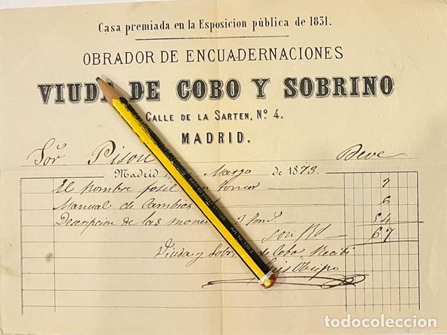 Facturas antiguas: FACURA DE VIUDA DE COBO Y SOBRINO, ENCUADERNACIONES 1873