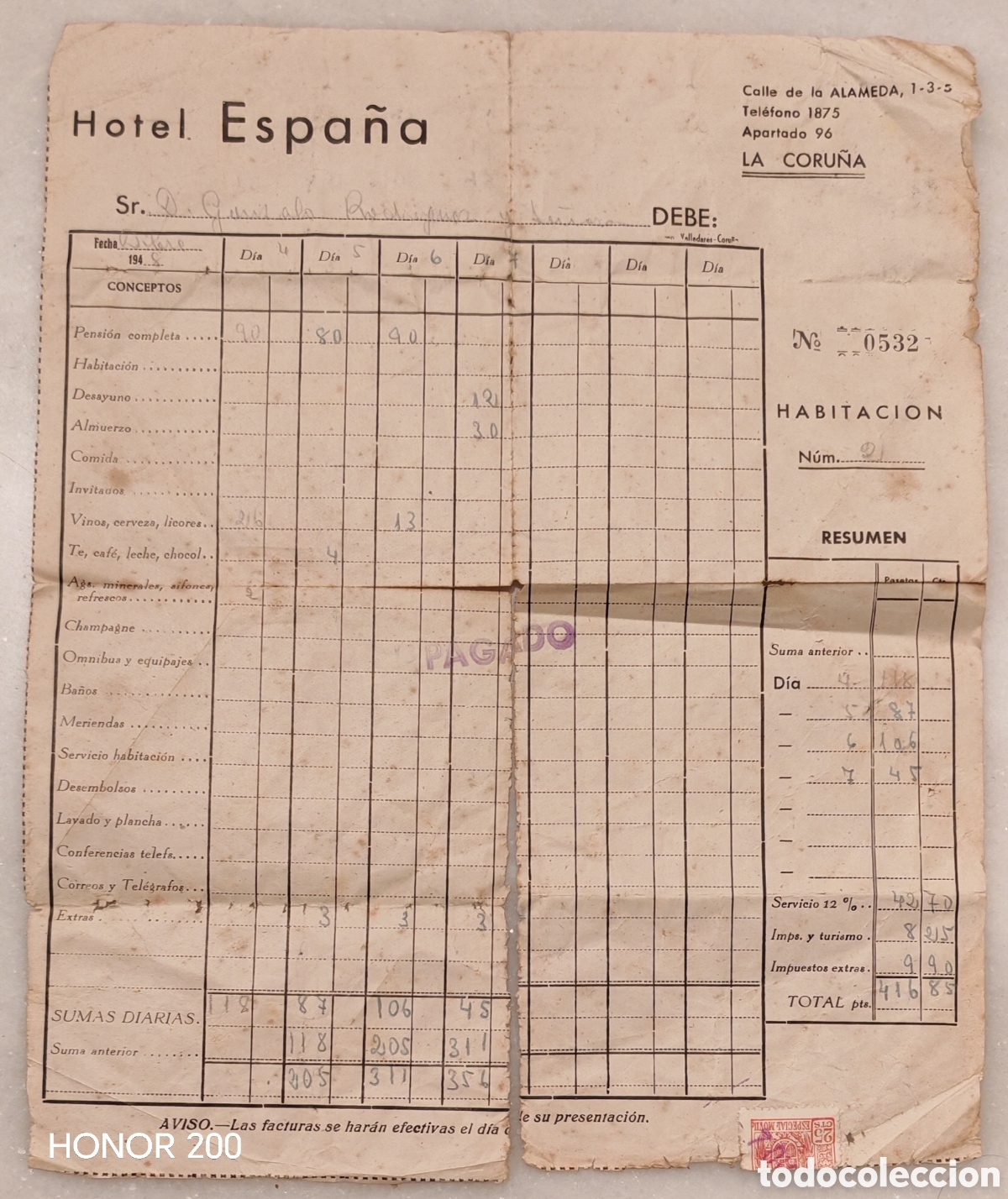 Facturas antiguas: Factura - Hotel Espa&ntilde;a - Lugo