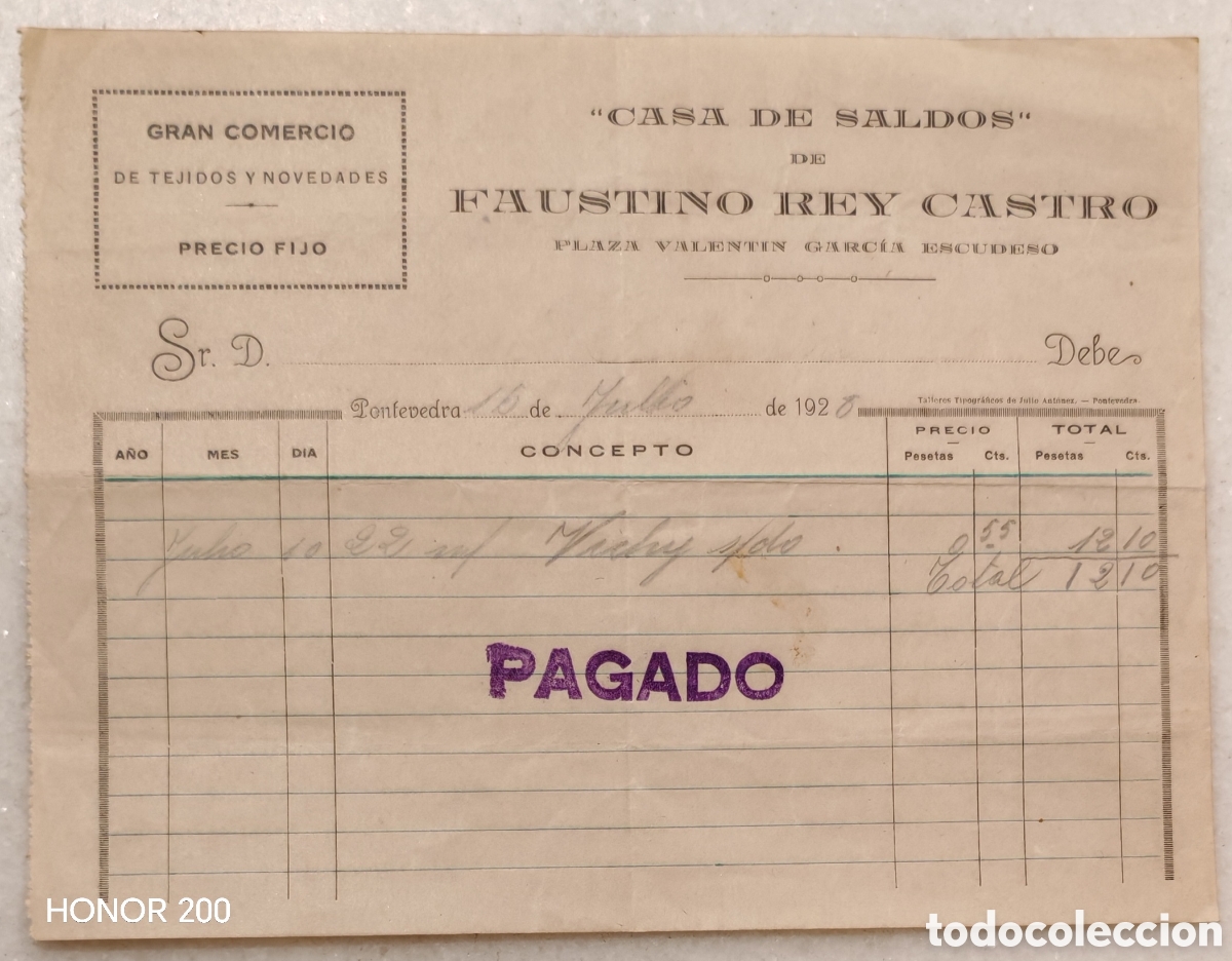 Facturas antiguas: Factura - Casa de Saldos. Tejidos y Novedades - Faustino Rey Castro. Pontevedra 1928