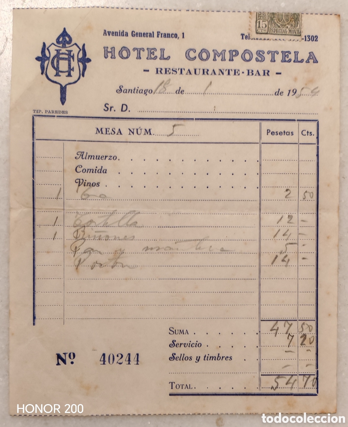 Facturas antiguas: Factura - Hotel Compostela - Santiago 1954