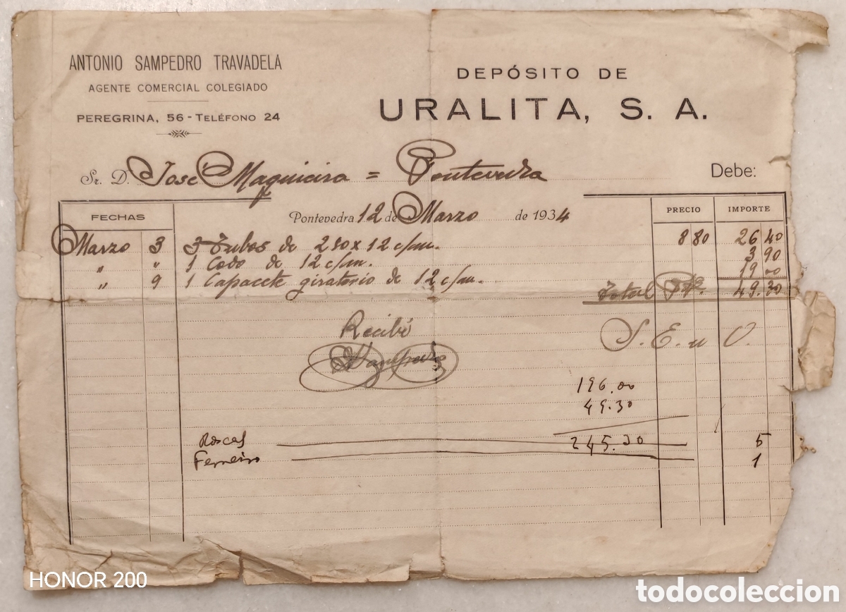 Facturas antiguas: Factura - Dep&oacute;sito Uralita. Antonio Sampedro - Pontevedra 1934