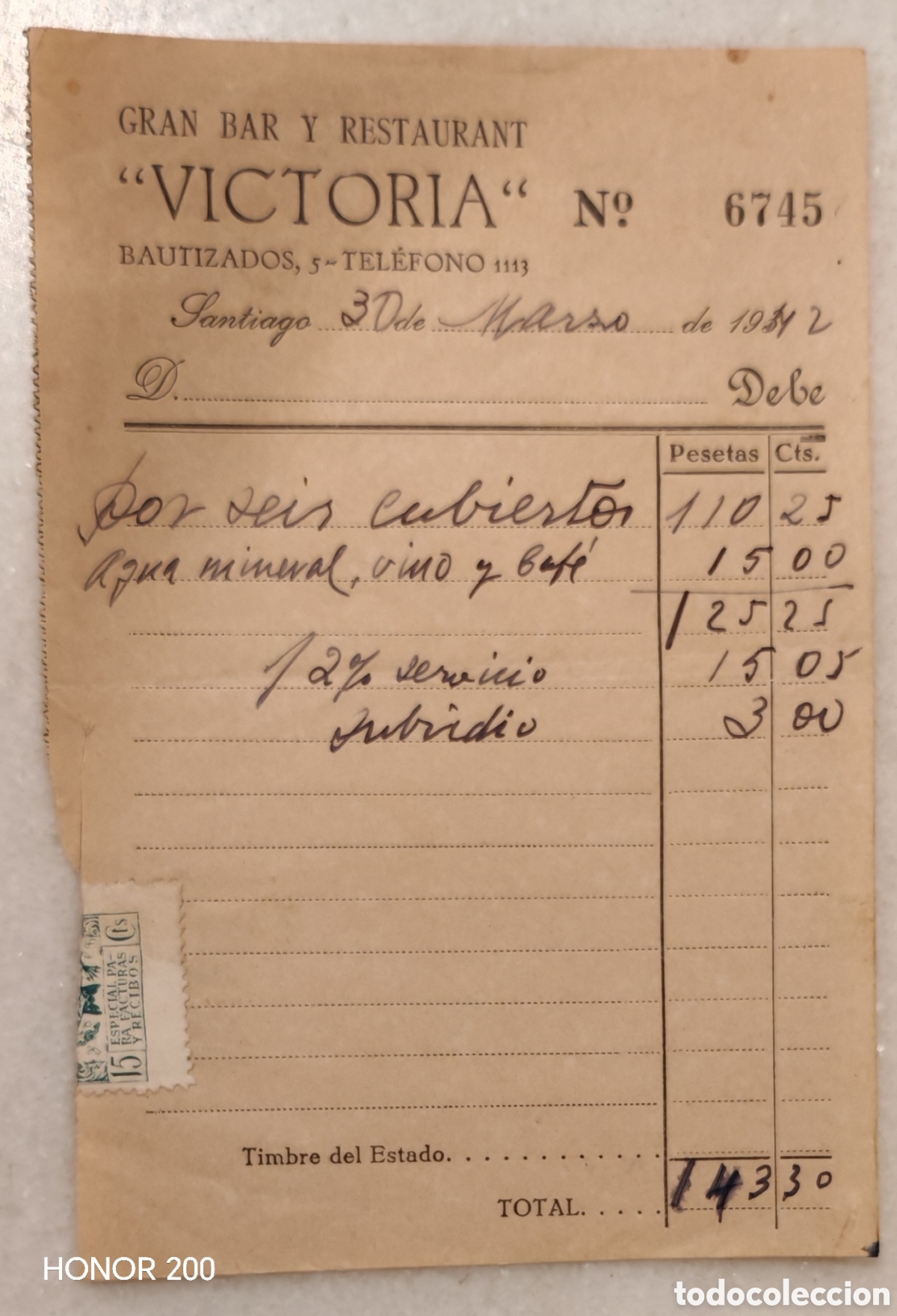 Facturas antiguas: Factura - Caf&eacute; Bar Restaurante Victoria - Santiago de Compostela 1942