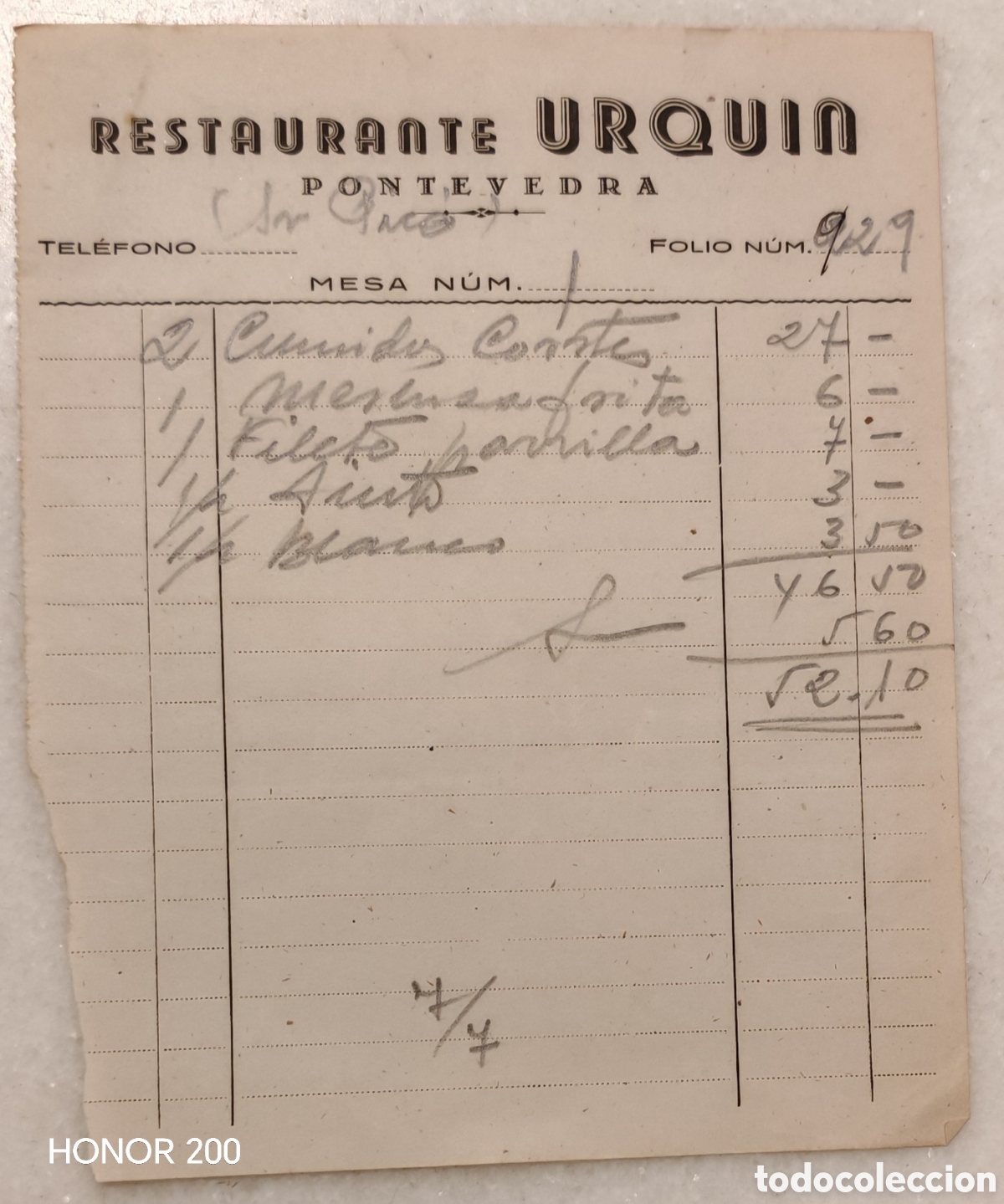 Facturas antiguas: Factura - Restaurante Urqu&iacute;n - Pontevedra