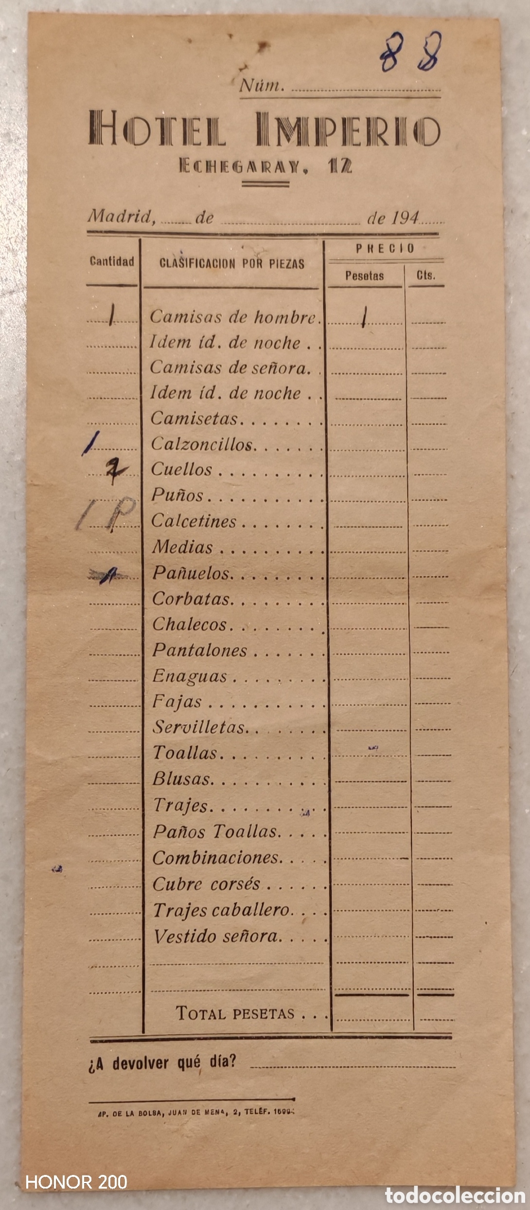 Facturas antiguas: Factura - Hotel Imperio - Madrid A&ntilde;os 40.