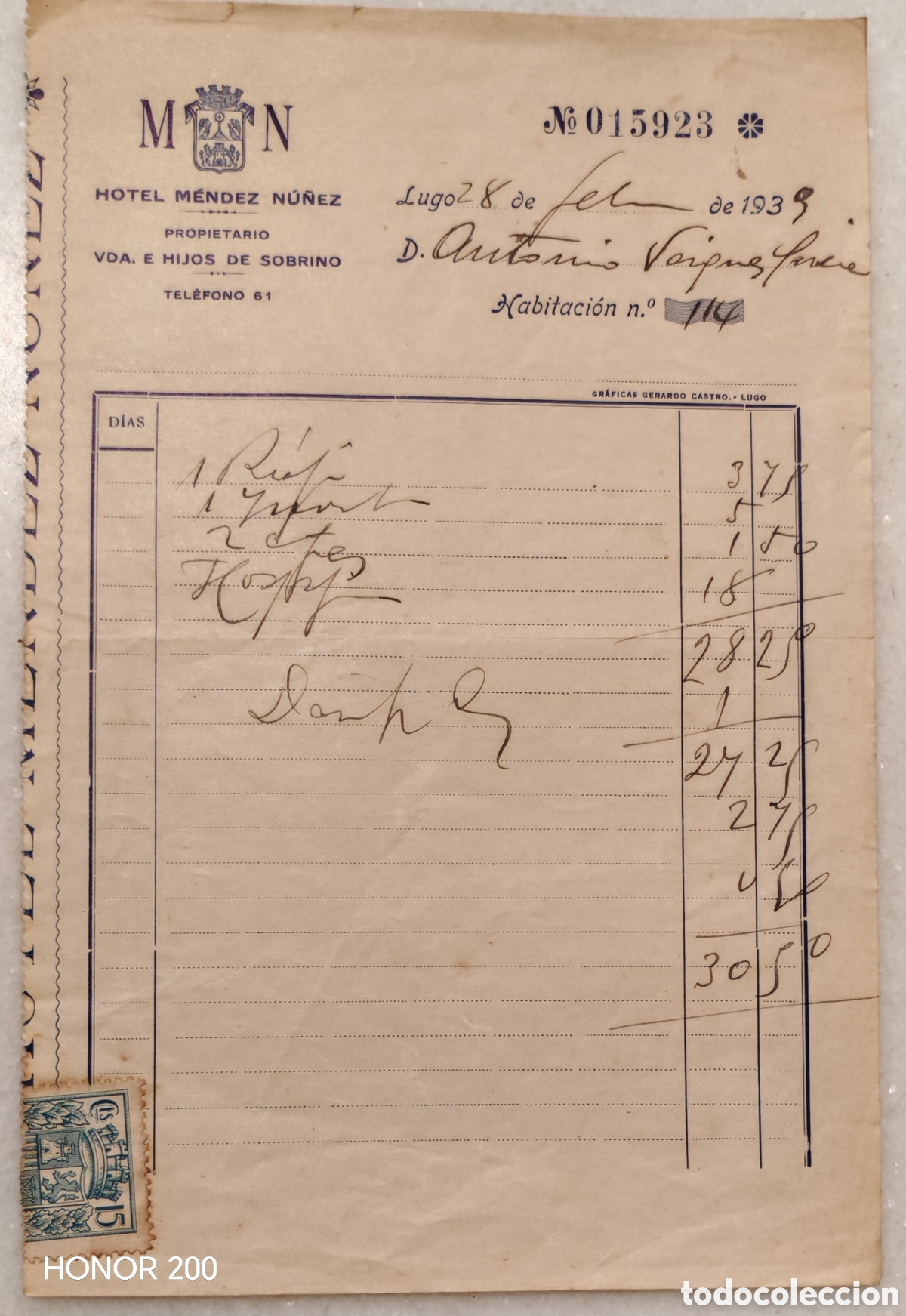Facturas antiguas: Factura - Hotel M&eacute;ndez N&uacute;&ntilde;ez - Lugo 1939 guerra civil