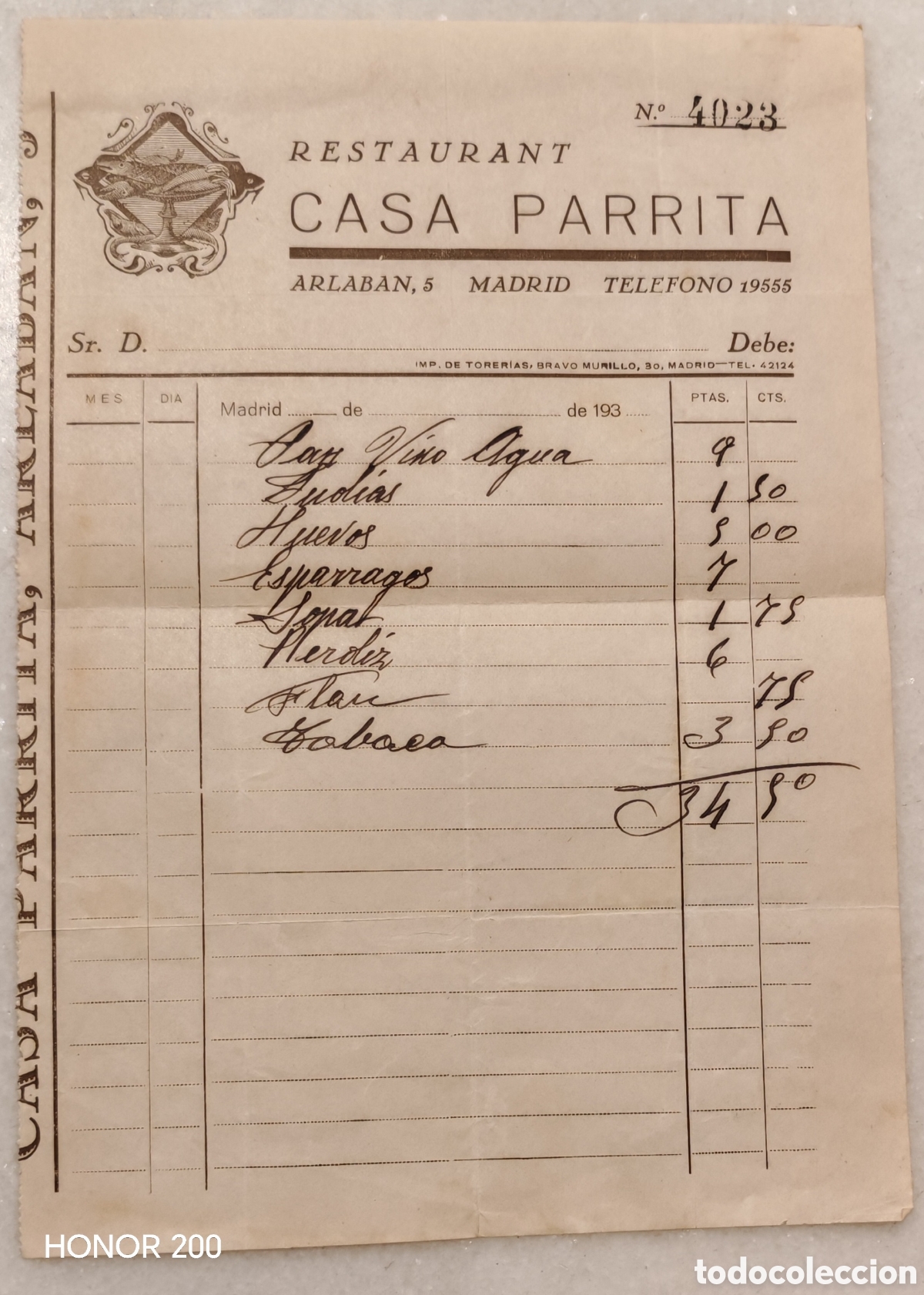 Facturas antiguas: Factura - Restaurant Casa Parrita - Madrid