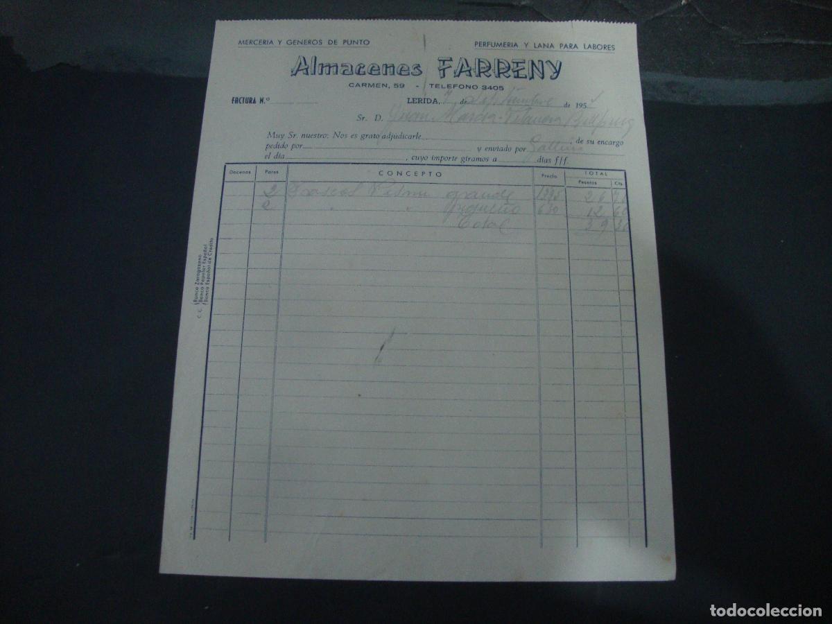 Facturas antiguas: FACTURA ALBARAN ALMACENES FARRENY LERIDA 1954