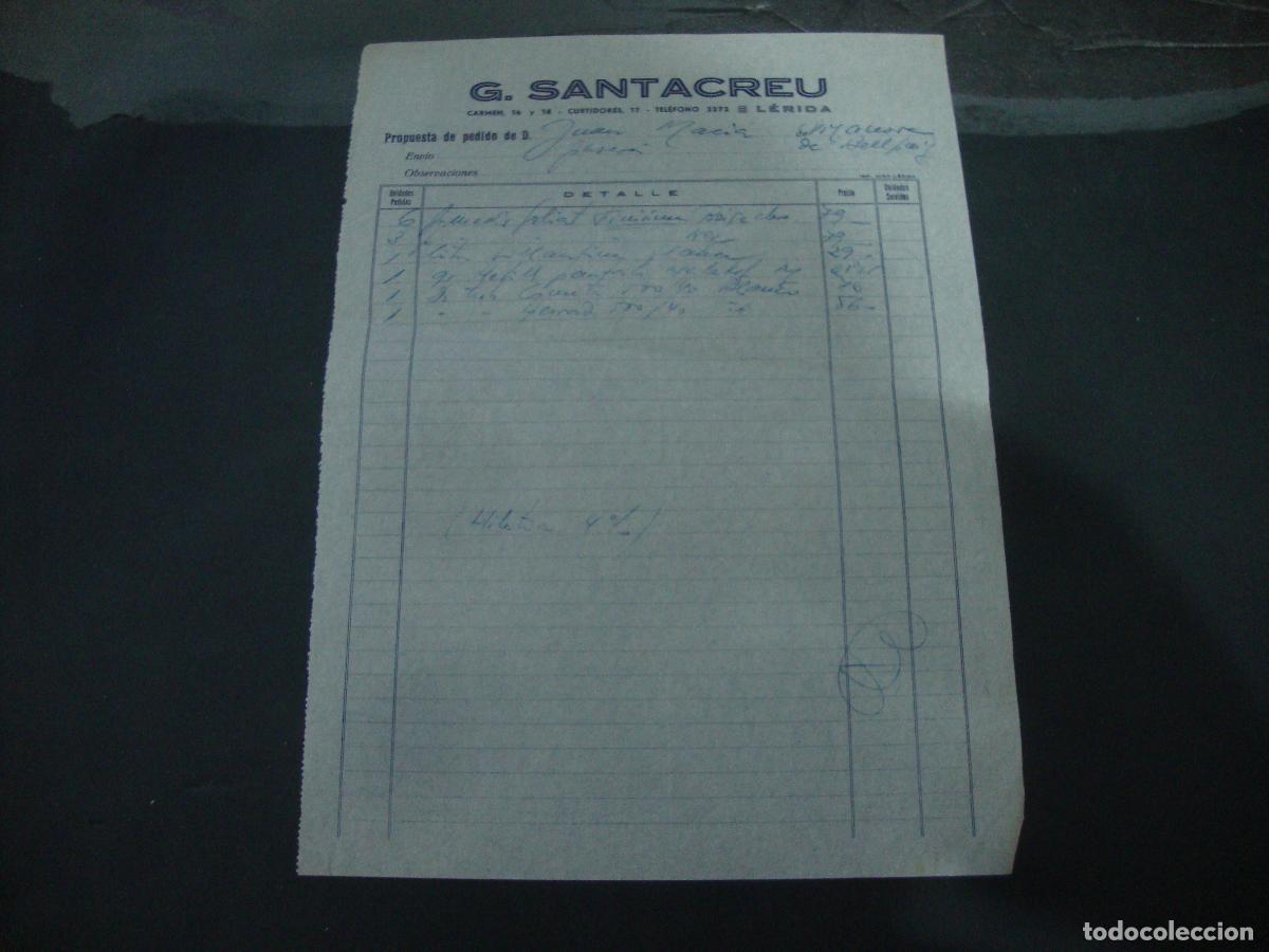 Facturas antiguas: FACTURA ALBARAN G. SANTACREU LERIDA 1954