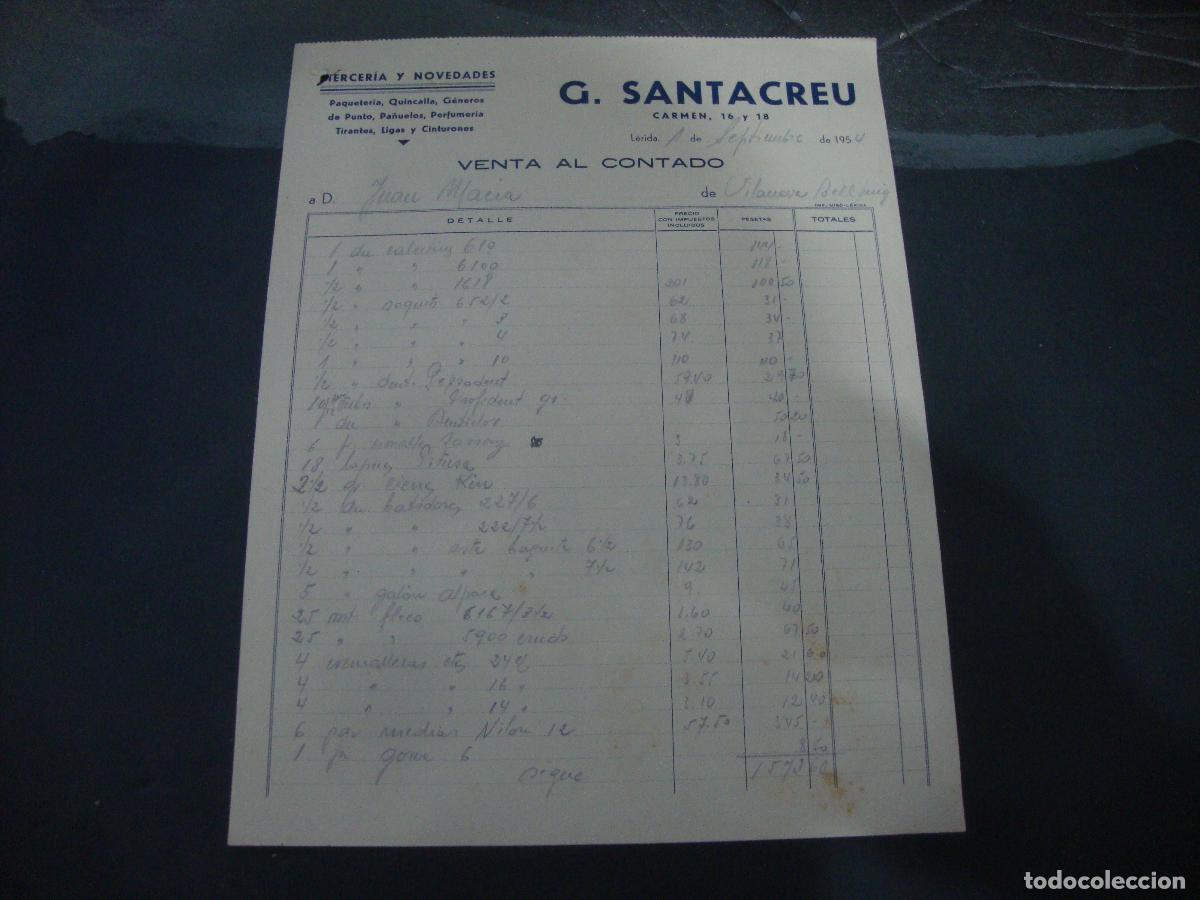 Facturas antiguas: FACTURA ALBARAN G. SANTACREU LERIDA 1954