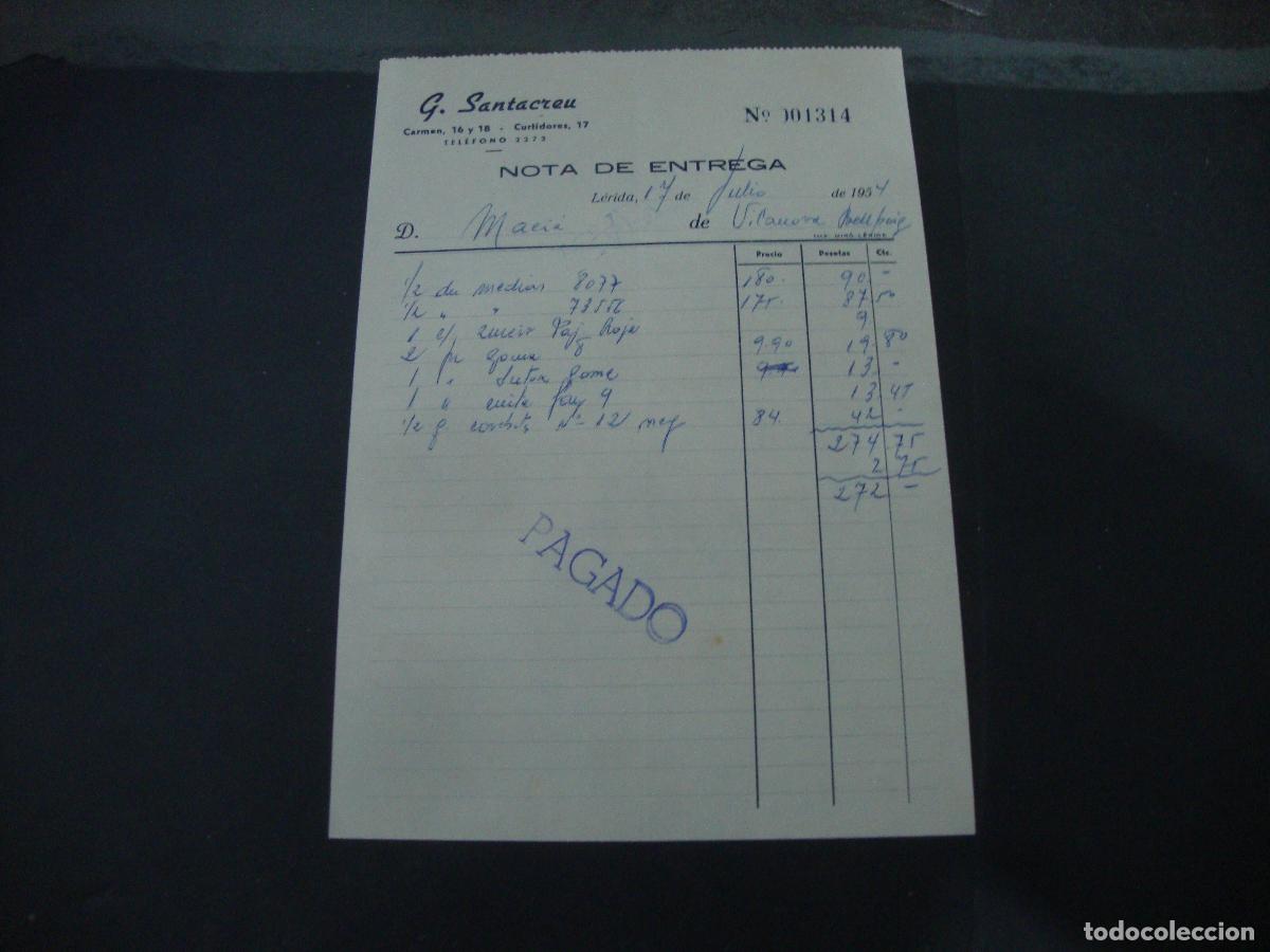 Facturas antiguas: FACTURA ALBARAN G. SANTACREU LERIDA 1954