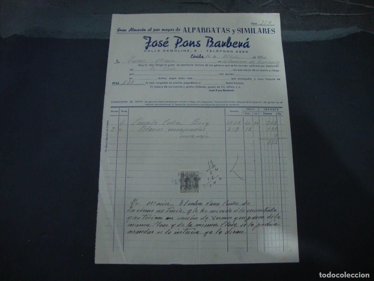 Facturas antiguas: FACTURA ALBARAN JOSE PONS BARBERA ALPARGATAS Y SIMILARES LERIDA 1954