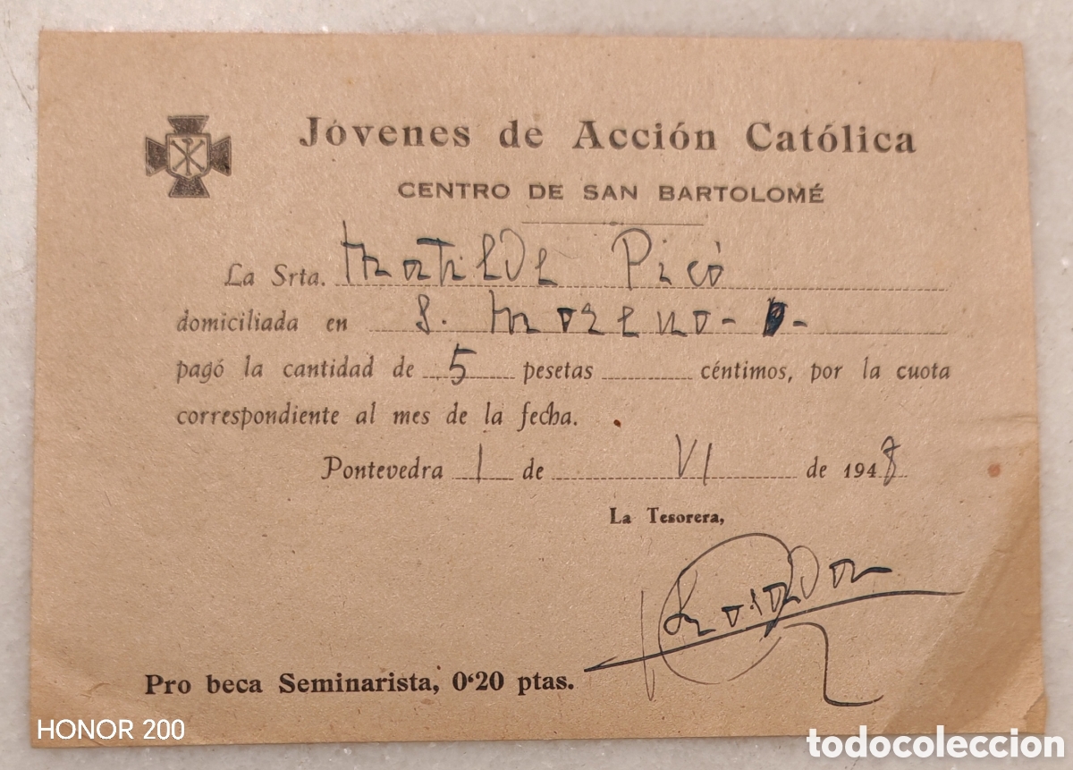 Facturas antiguas: Recibo Pago Cuota - J&oacute;venes de Acci&oacute;n Cat&oacute;lica - Pontevedra 1948