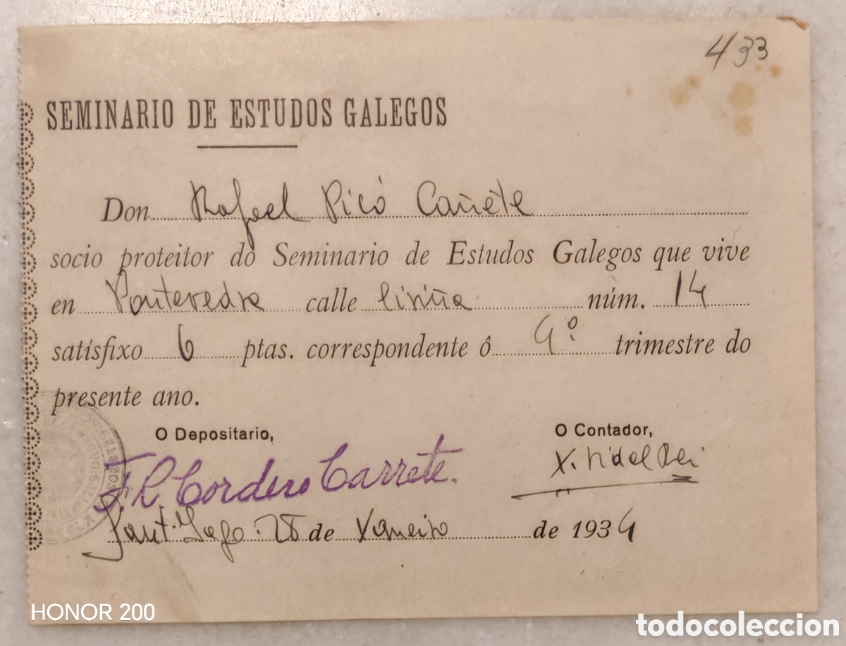 Facturas antiguas: Recibo de pago de Cuota - Seminario de Estudios Galegos - Santiago 1934