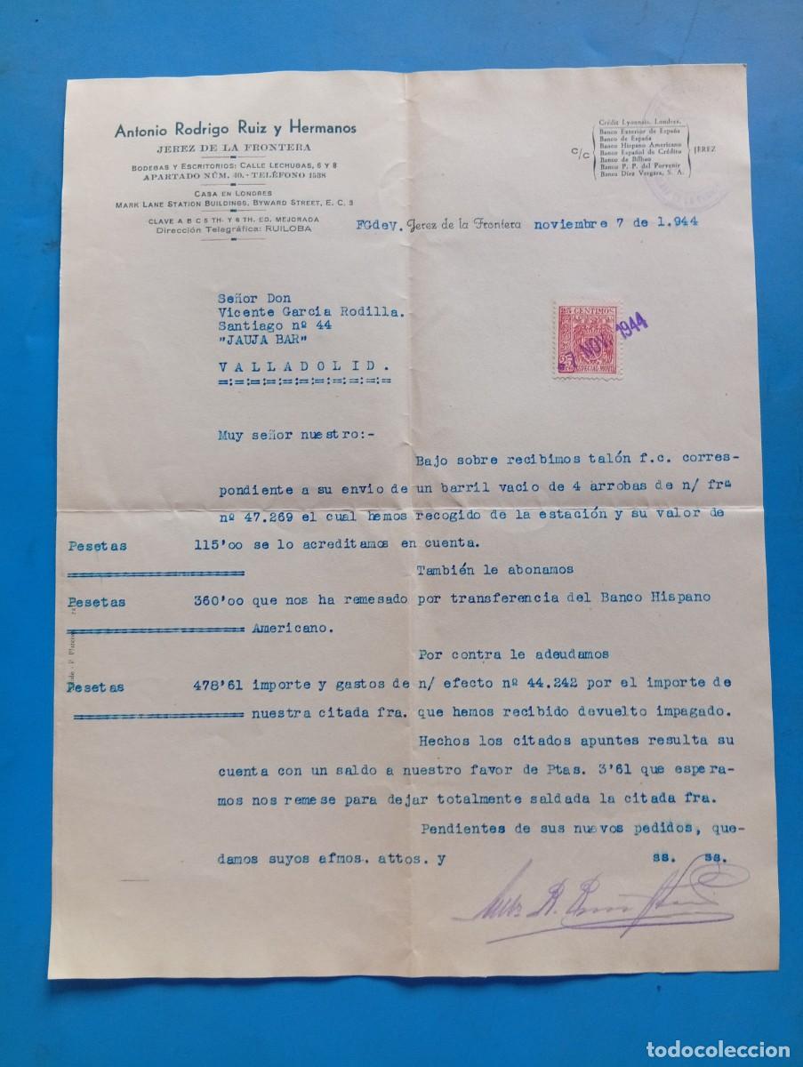 Facturas antiguas: FACTURA. JEREZ DE LA FRONTERA. 1944. BODEGAS Y ESCRITORIOS. ANTONIO RODRIGO RUIZ Y HERMANOS.