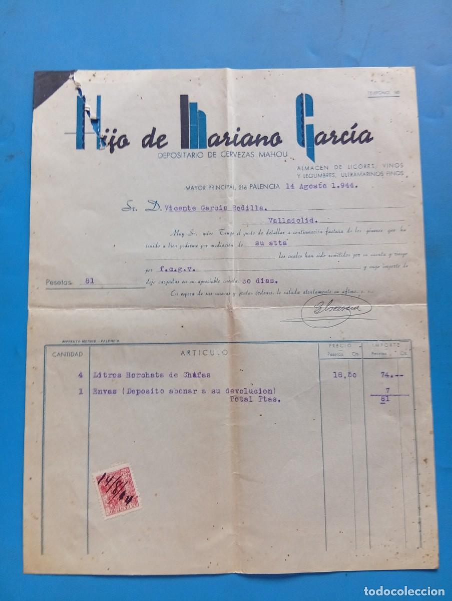 Facturas antiguas: FACTURA. PALENCIA. 1944. DEPOSITARIO DE CERVEZAS MAHOU. HIJO DE MARIANO GARCIA.