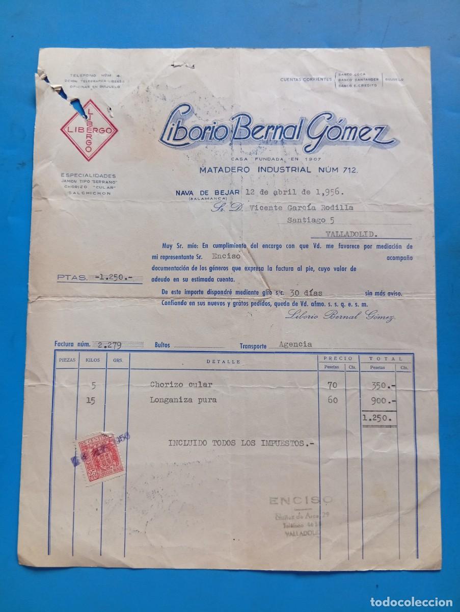 Facturas antiguas: FACTURA. NAVA DE BEJAR, SALAMANCA. 1956. LIBERGO. ESPECIALIDADES JAMON TIPO SERRANO. LIBORIO BERNAL.