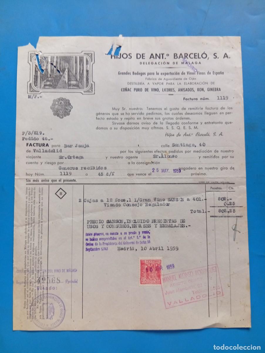 Facturas antiguas: FACTURA. VALLADOLID. 1959. GRANDES BODEGAS PARA EXPORTACION DE VINOS. HIJOS DE ANT&ordm; BARCEL&Oacute;, S.A.