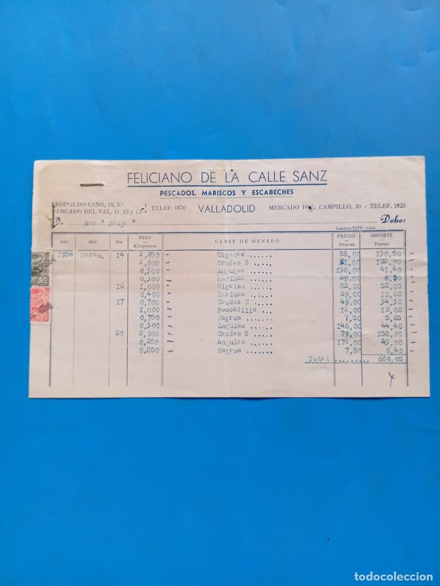 Facturas antiguas: FACTURA. VALLADOLID. 1954. PESCADOS, MARISCOS Y ESCABECHES. FELICIANO DE LA CALLE SANZ.