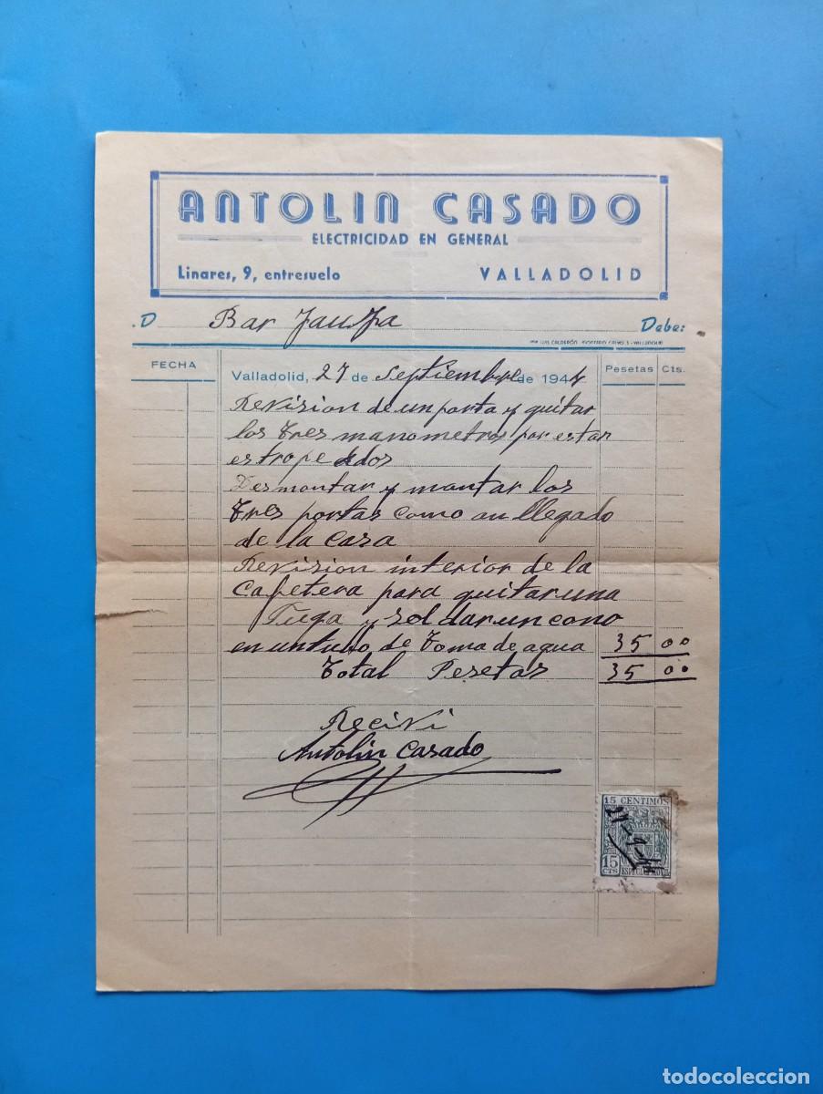 Facturas antiguas: FACTURA. VALLADOLID. 1944. ELECTRICIDAD EN GENERAL. ANTOLIN CASADO.