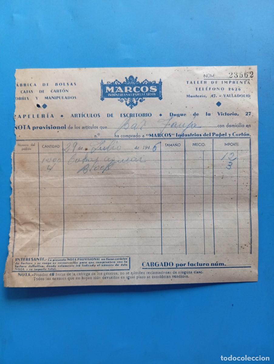 Facturas antiguas: FACTURA. VALLADOLID. 1946. FABRICA DE BOLSAS-CAJAS DE CART&Oacute;N-SOBRES-MANIPULADOS. INDUSTRIAS MARCOS.